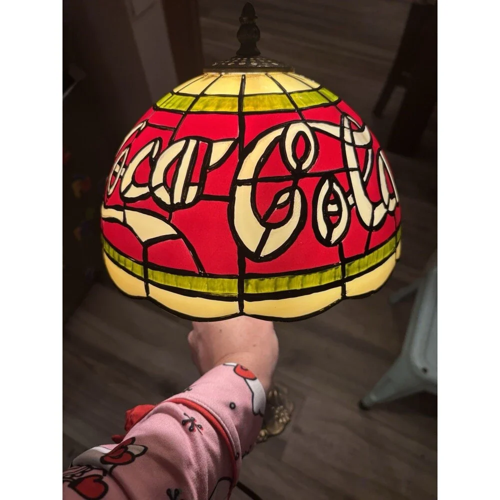 Coca-Cola Tiffany Style Stained Table Lamp – Plastic Shade, Metal Base – Vintage